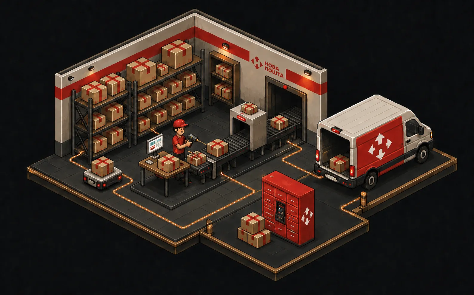 Isometric illustration of a Nova Poshta fulfillment warehouse: shelves of parcels, a packing desk with a scanner, a conveyor, a parcel locker and a loaded van
